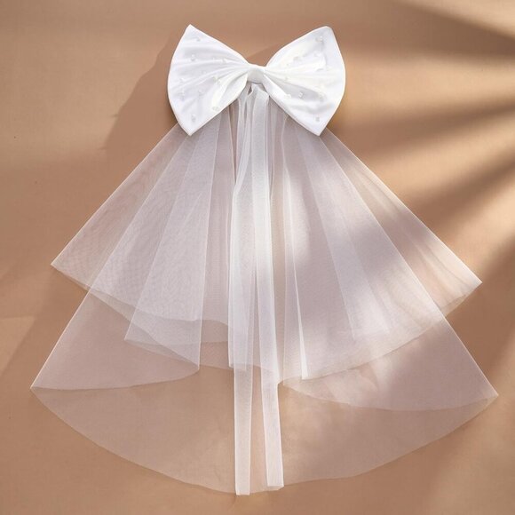 🆕 Women White Hair Bow Veil Bow Clip Bachelorette Decorations Pearl Accessories - Picture 7 of 9
